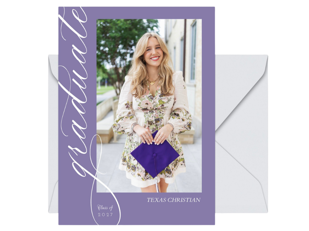 Purple graduation announcement card with photo of blonde graduate holding cap, Texas Christian University, Class of 2023.