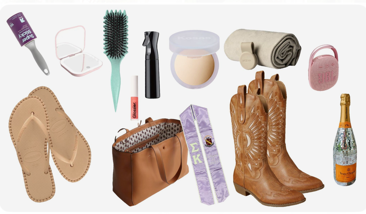 Collage of travel essentials including flip flops, cowboy boots, handbag, hairbrush, setting powder, blanket, and champagne.