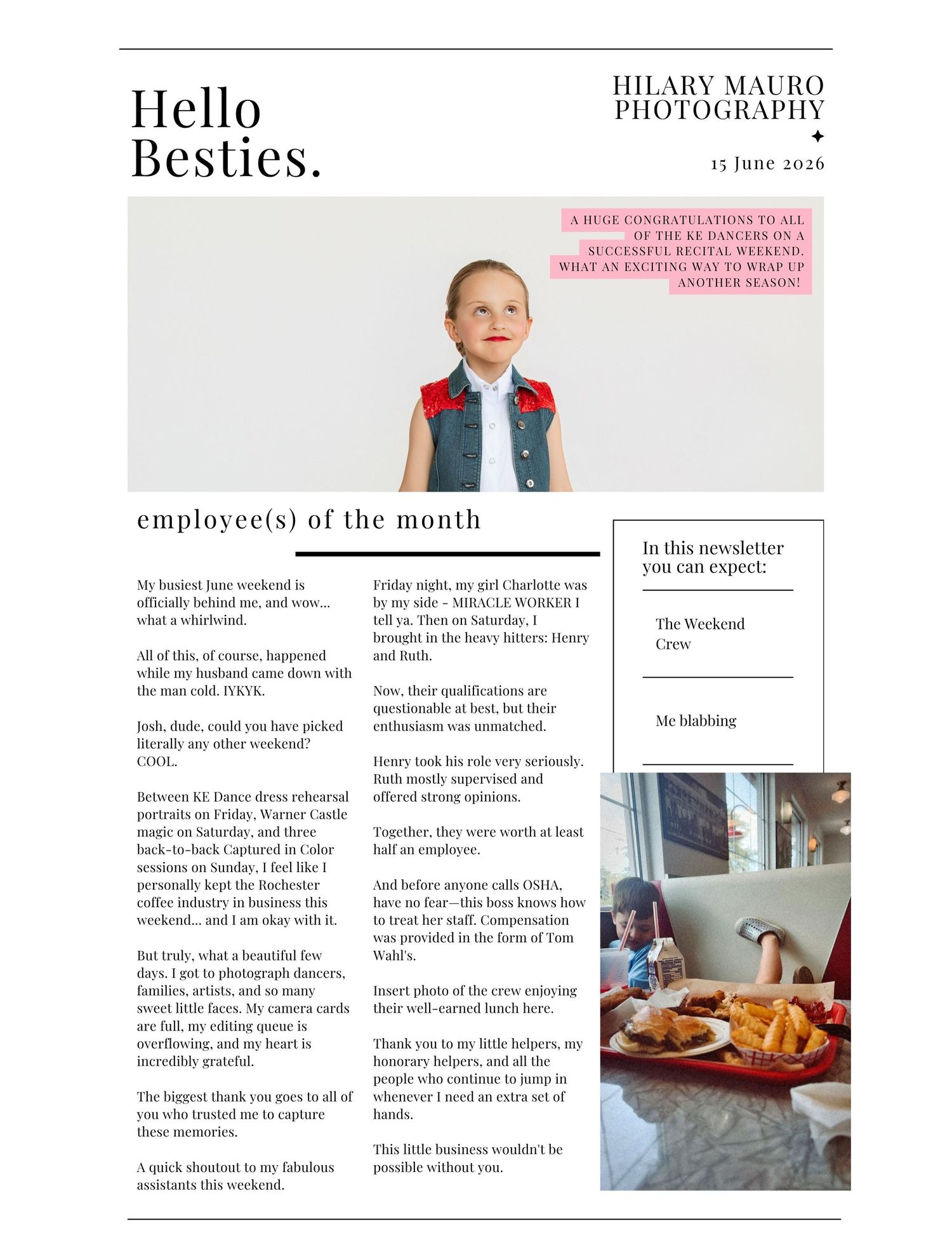 A professional photography studio newsletter featuring employee of the month announcement with portrait photo and elegant typography.