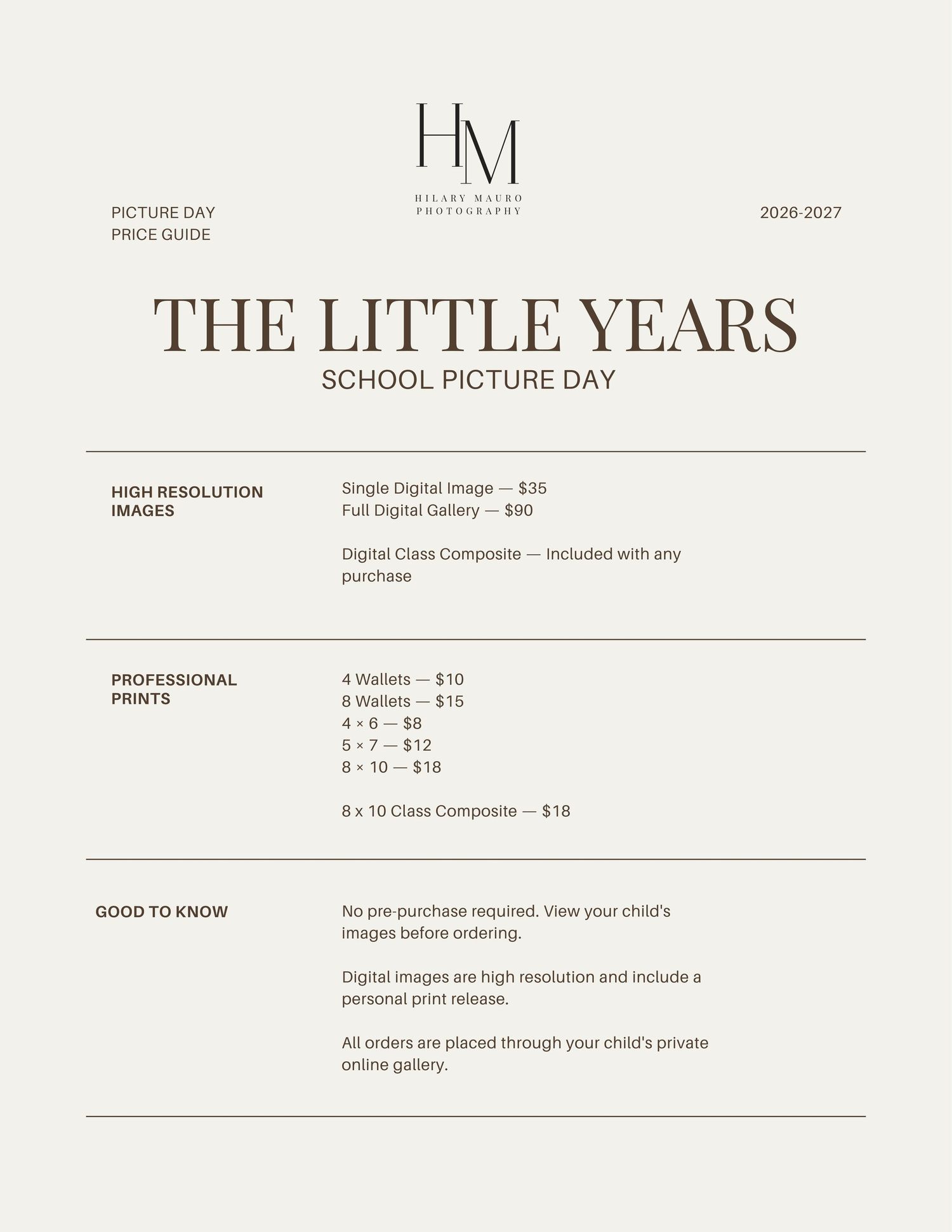 School picture day price guide for The Little Years by Hilary Manor Photography, listing digital and print packages.