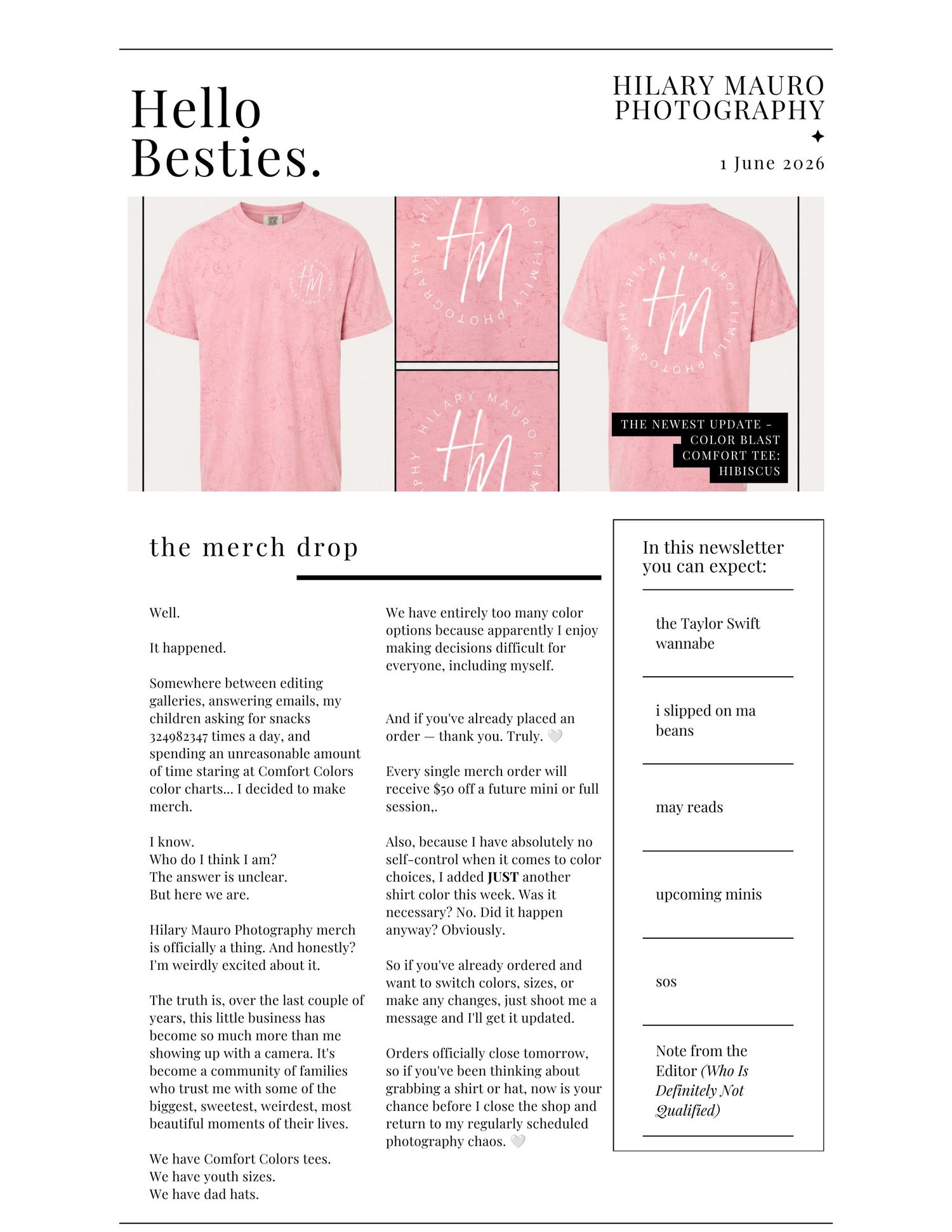 Hilary Mauro Photography newsletter featuring a pink merch drop t-shirt and subscription details.