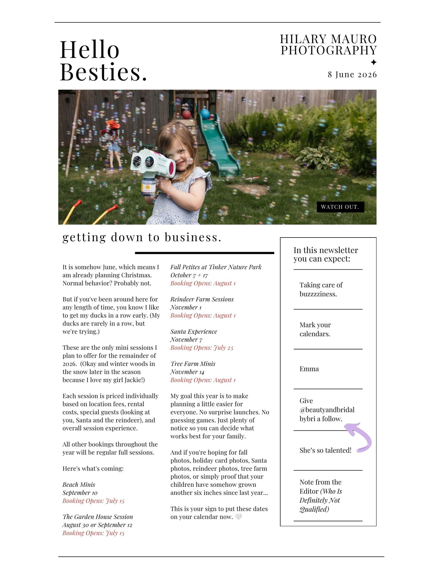 A young girl plays outdoors in a garden setting featured in a photography newsletter by Hilary Mauro Photography.