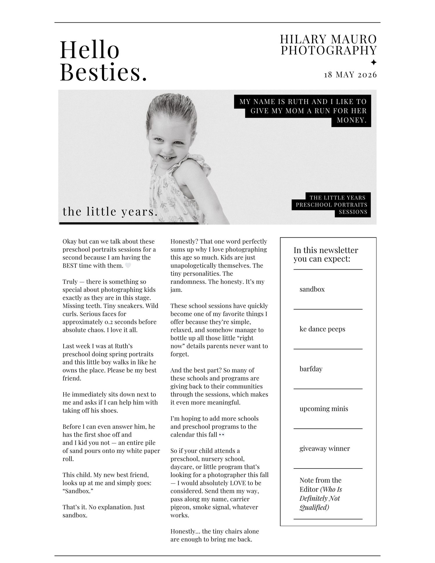A black and white photography studio newsletter titled Hello Besties by Hilary Mauro Photography.