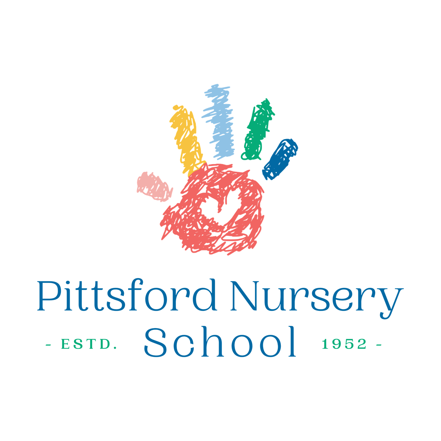 Pittsford Nursery School logo featuring a colorful hand print design, established 1952.