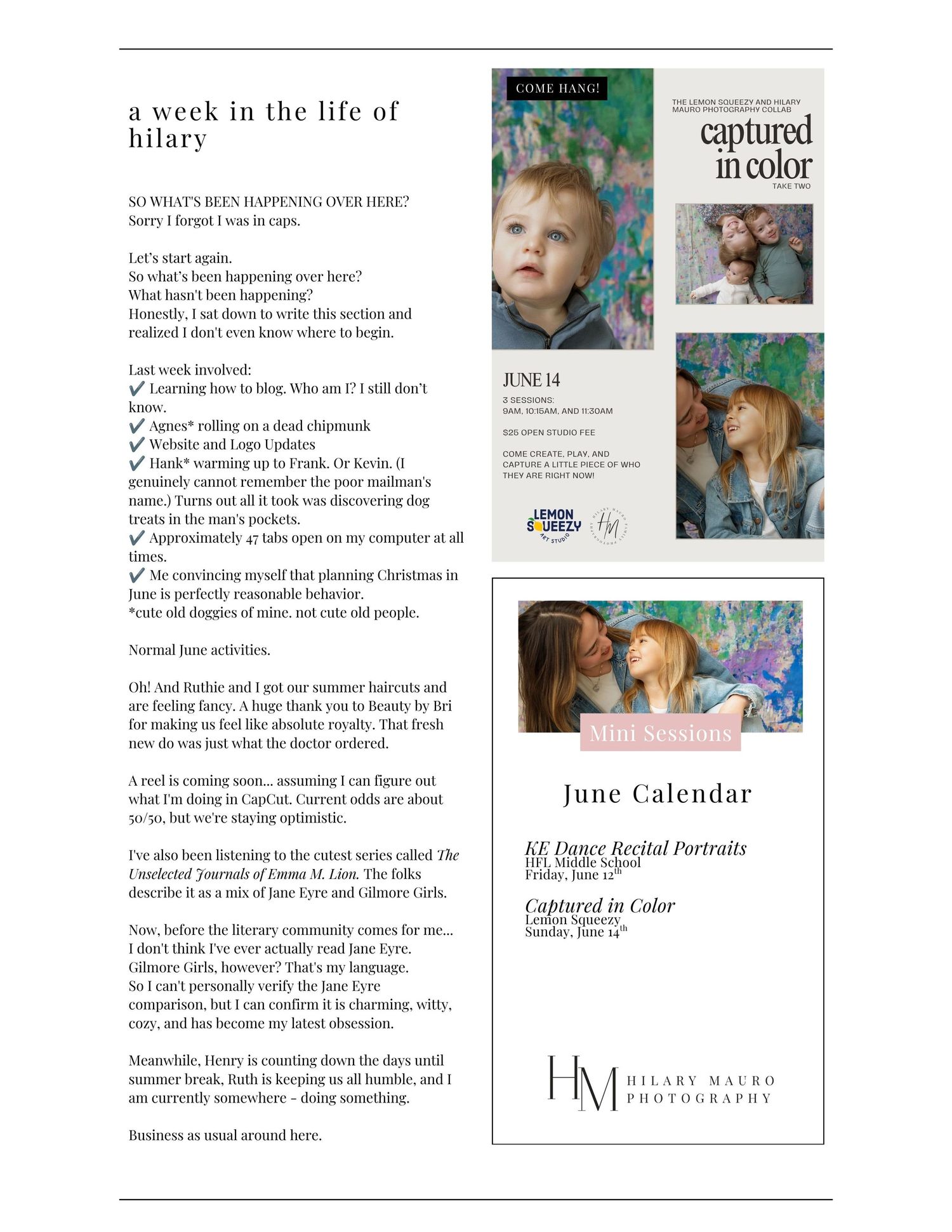 A weekly life blog post featuring a baby photo, a June calendar, and a Captured in Color photography advertisement.