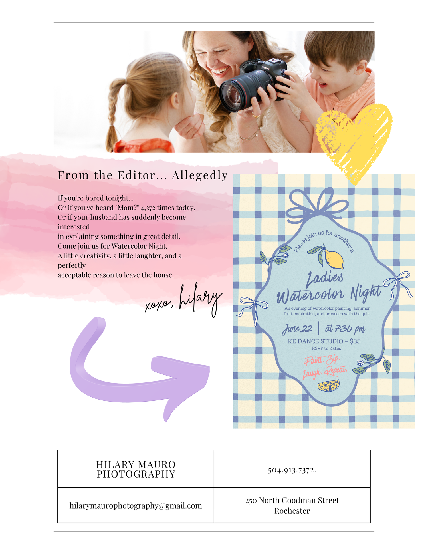 Hilary Mauro Photography newsletter featuring a Hilary with kids and a Ladies Watercolor Night event flyer in Rochester.