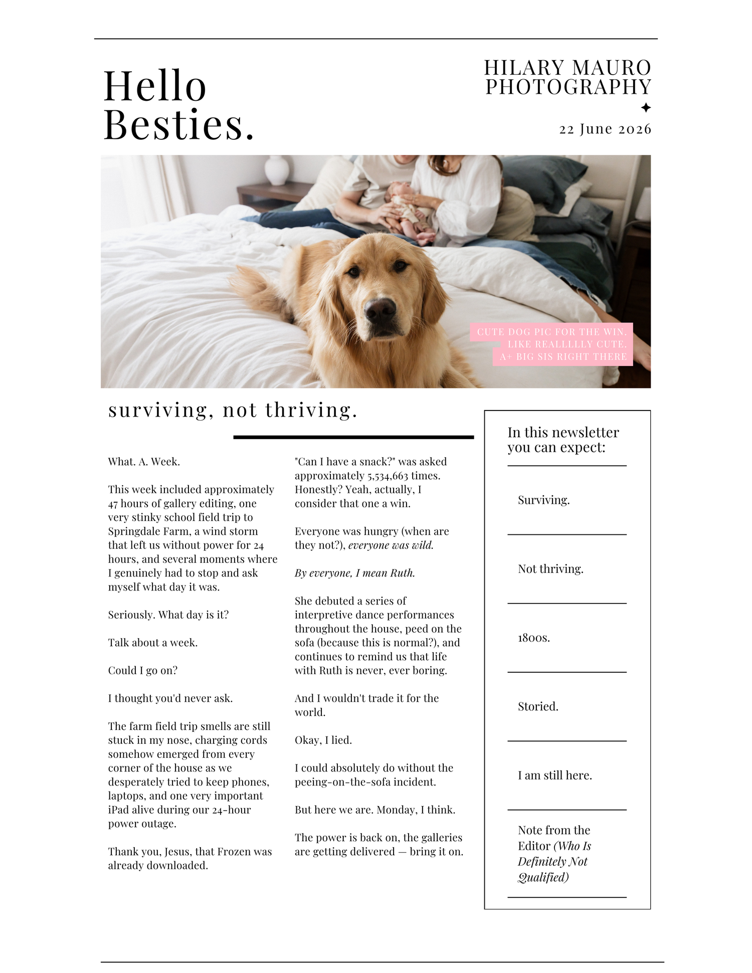 A newsletter layout for Hilary Mauro Photography featuring a woman relaxing on a sofa with a dog, dated June 21, 2016.