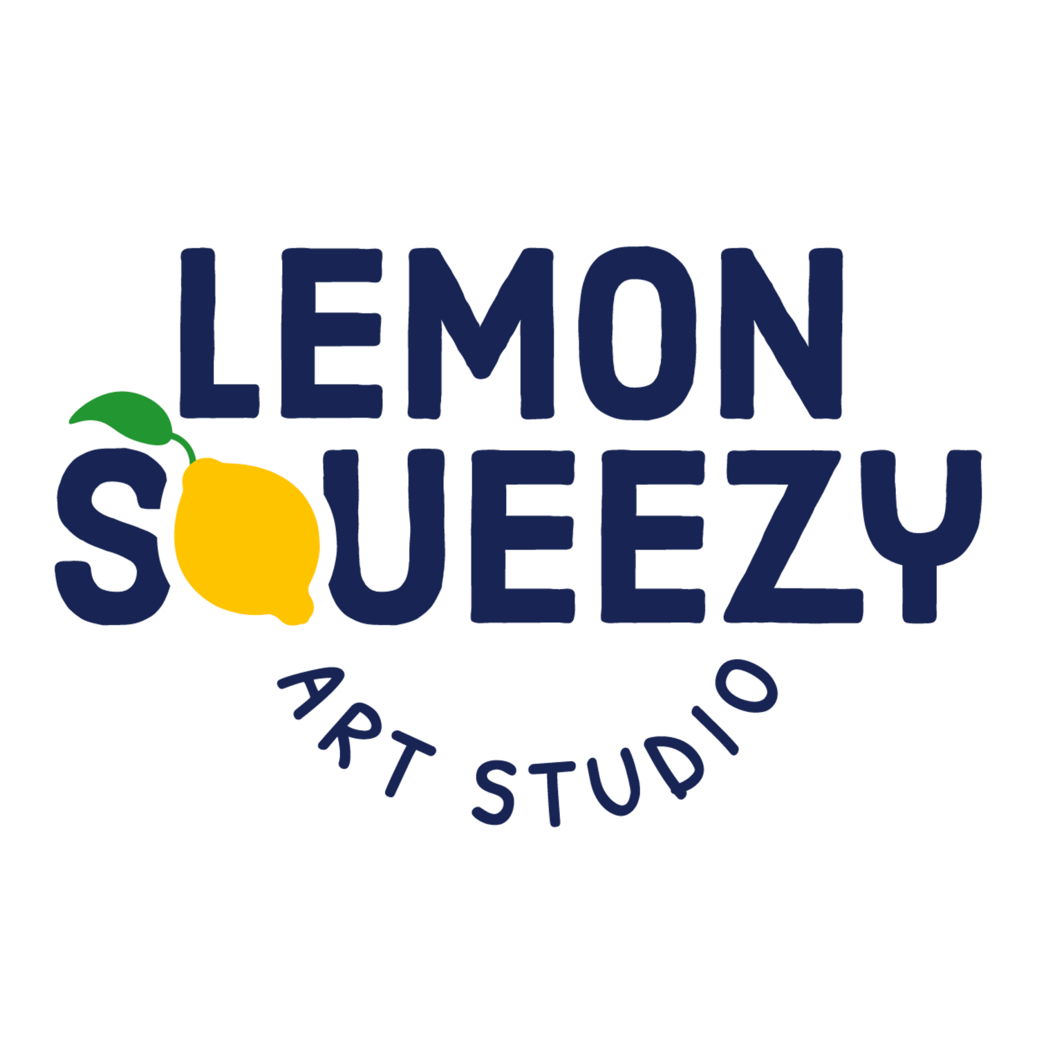 Lemon Squeezy Art Studio logo with bold navy blue text and a bright yellow lemon illustration replacing the O.