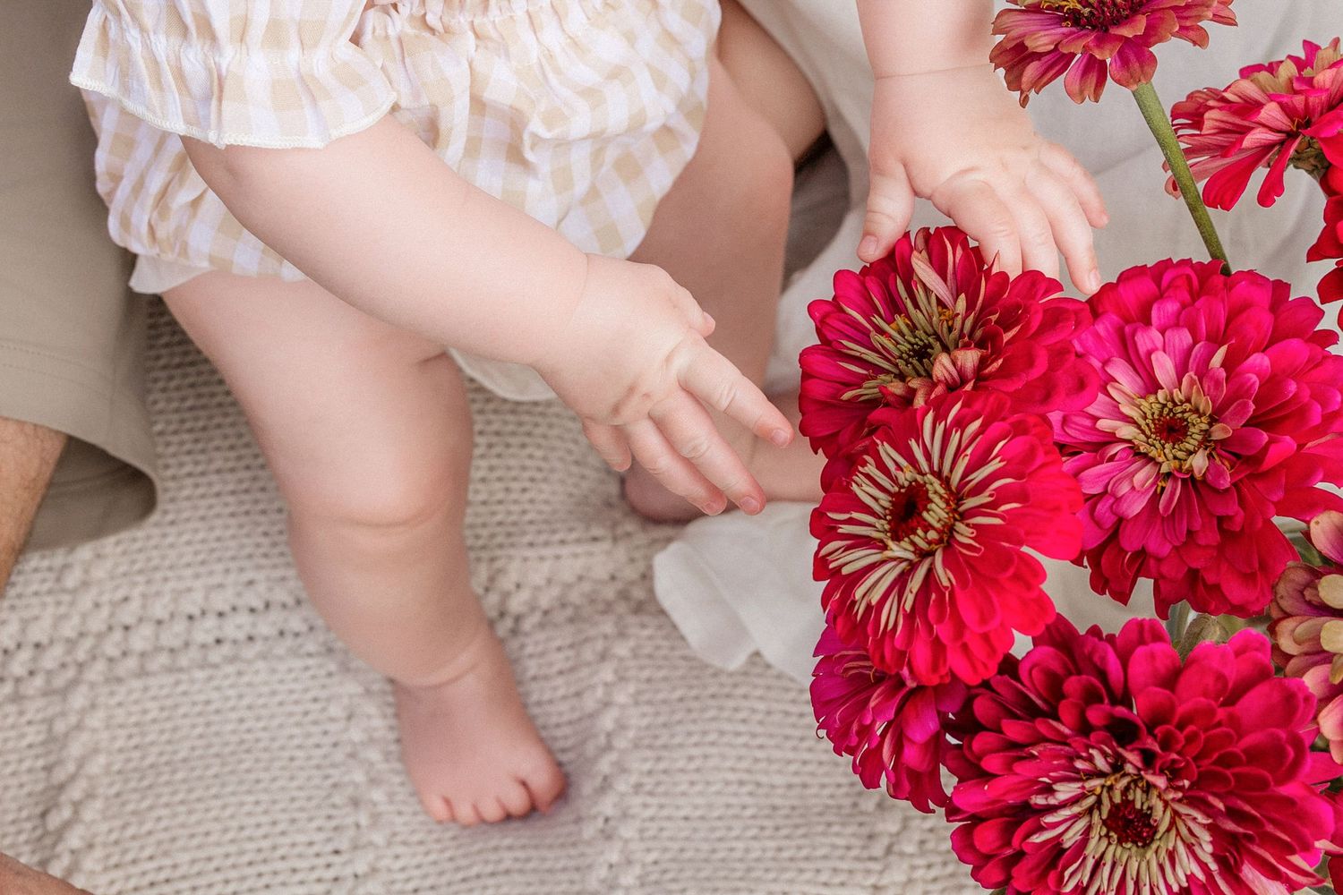 Baby in a floral romper reaching toward vibrant red zinnia flowers on a knit rug.