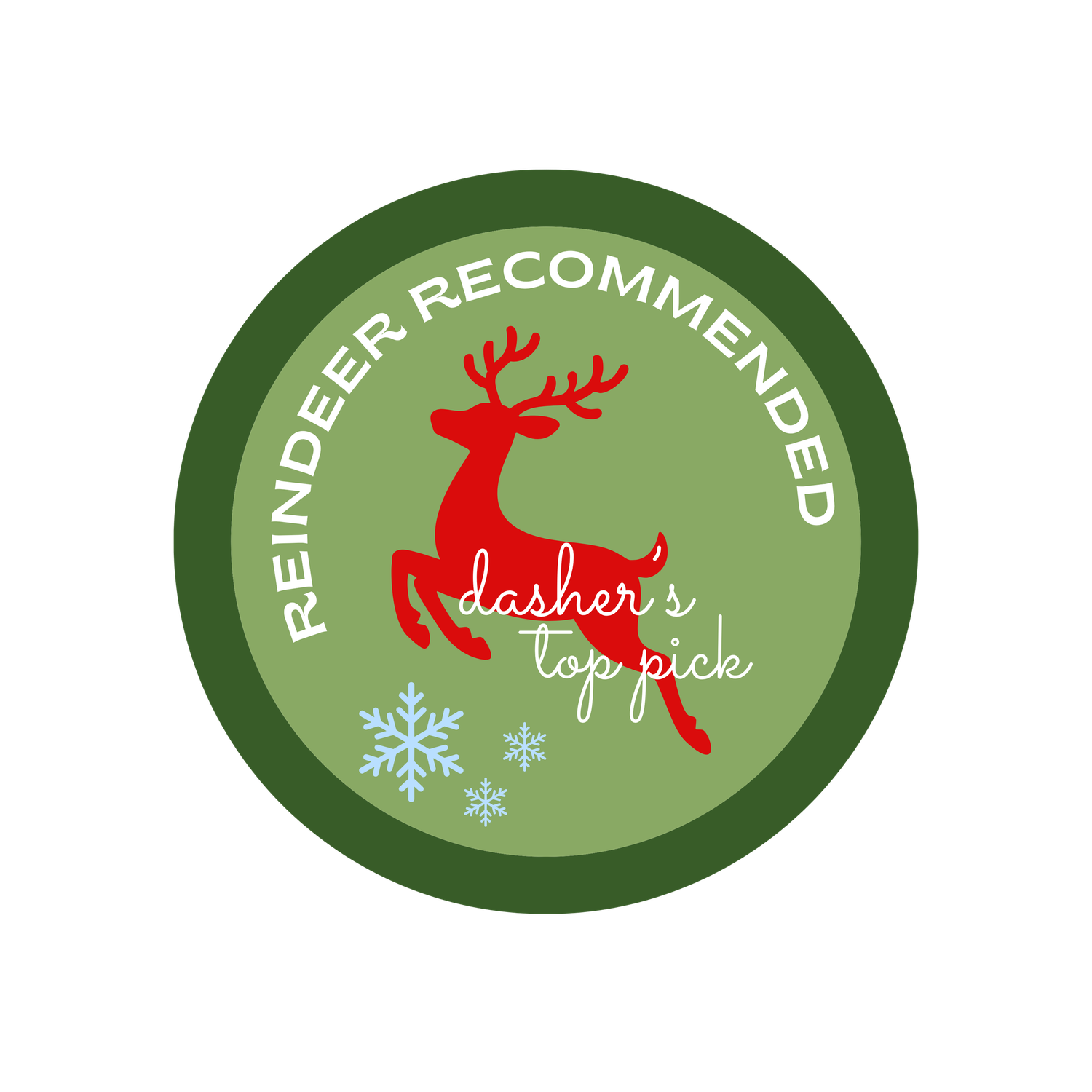 Green circular badge reading Reindeer Recommended Dasher's Top Pick with red reindeer illustration.