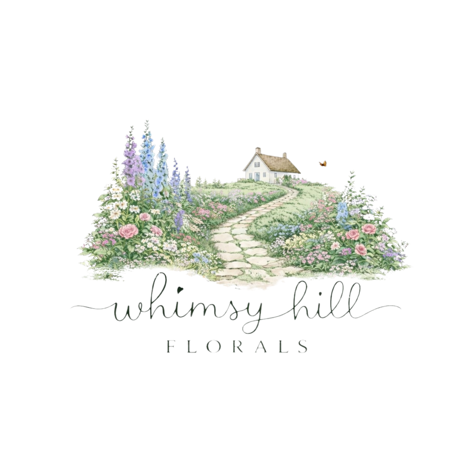 Whimsy Hill Florals logo featuring a charming cottage garden path with colorful flowers and a thatched roof cottage.