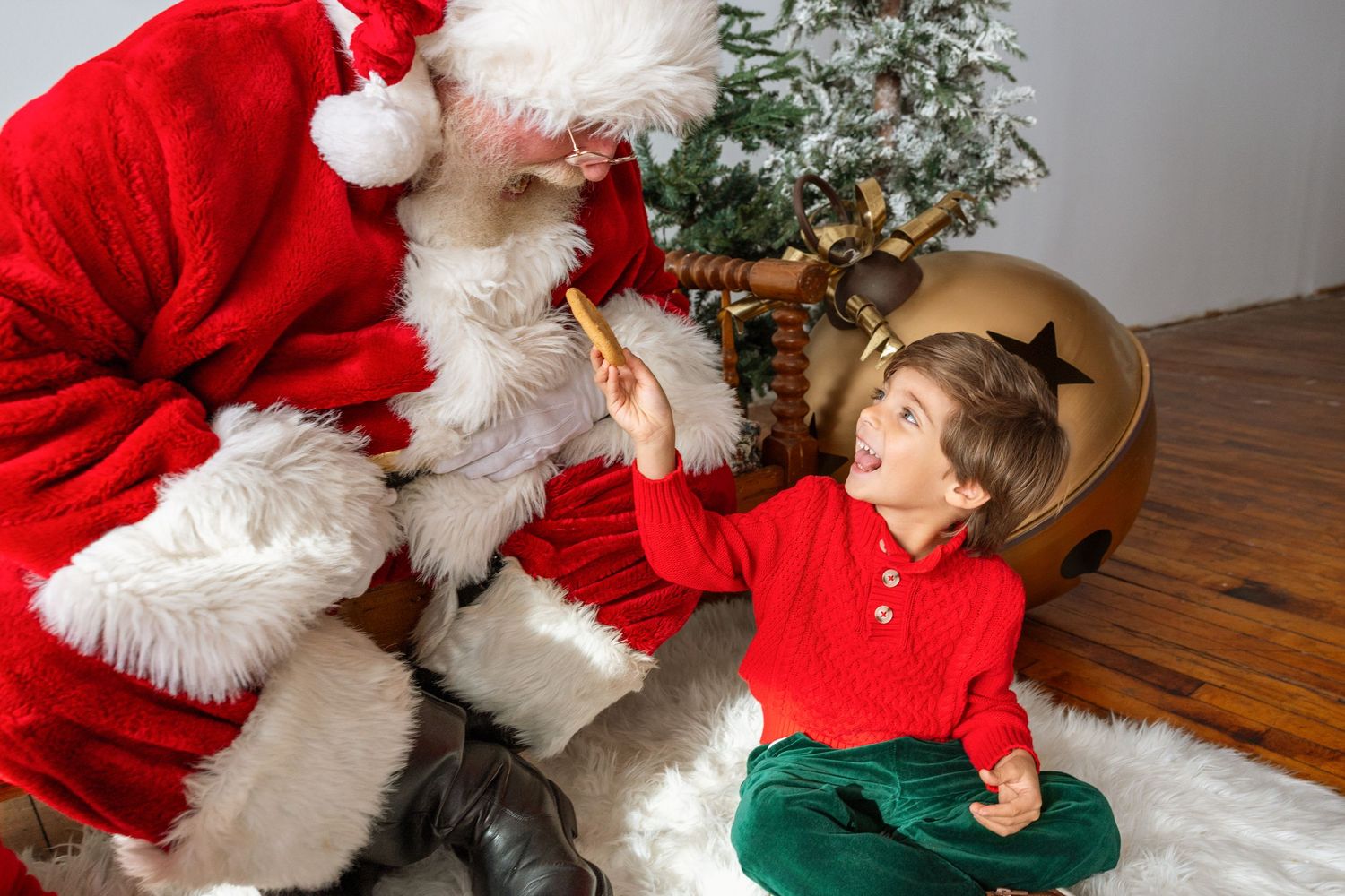 Young boy in red shirt shares a cookie with Santa Claus beside a Christmas tree on a white fur rug.