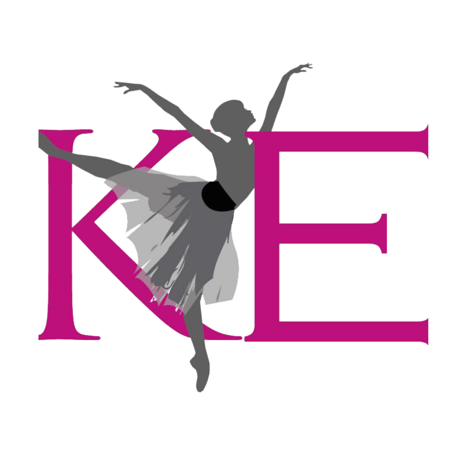 KE dance studio logo featuring a graceful ballerina silhouette in gray overlaid on bold magenta letters K and E.