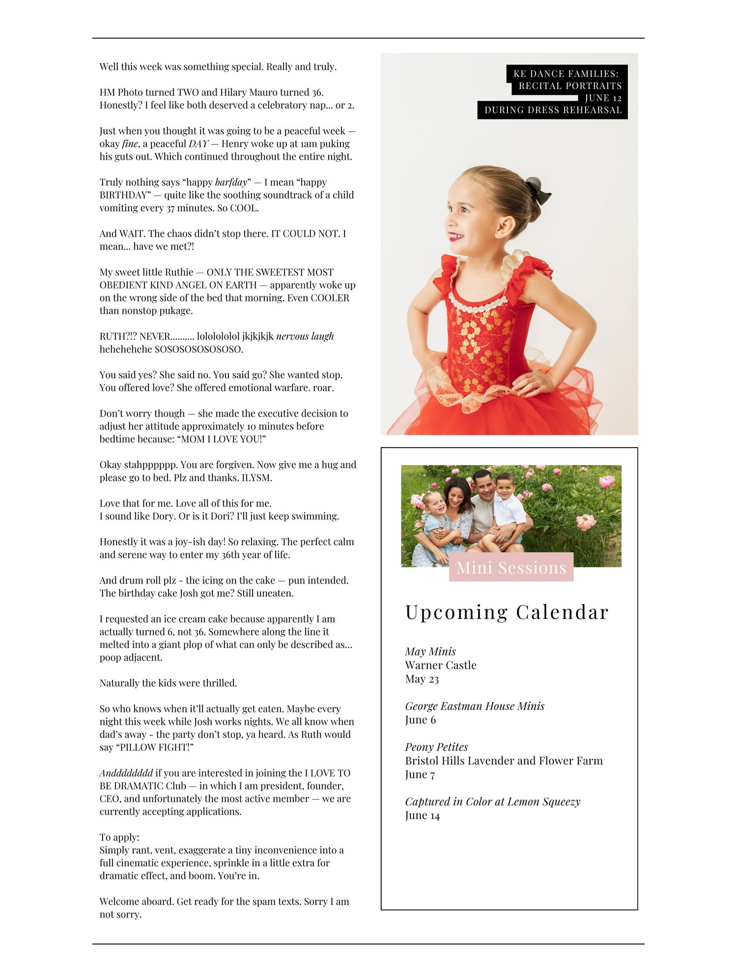 A colorful photography studio newsletter featuring a young girl in a red dress posing for a portrait session.