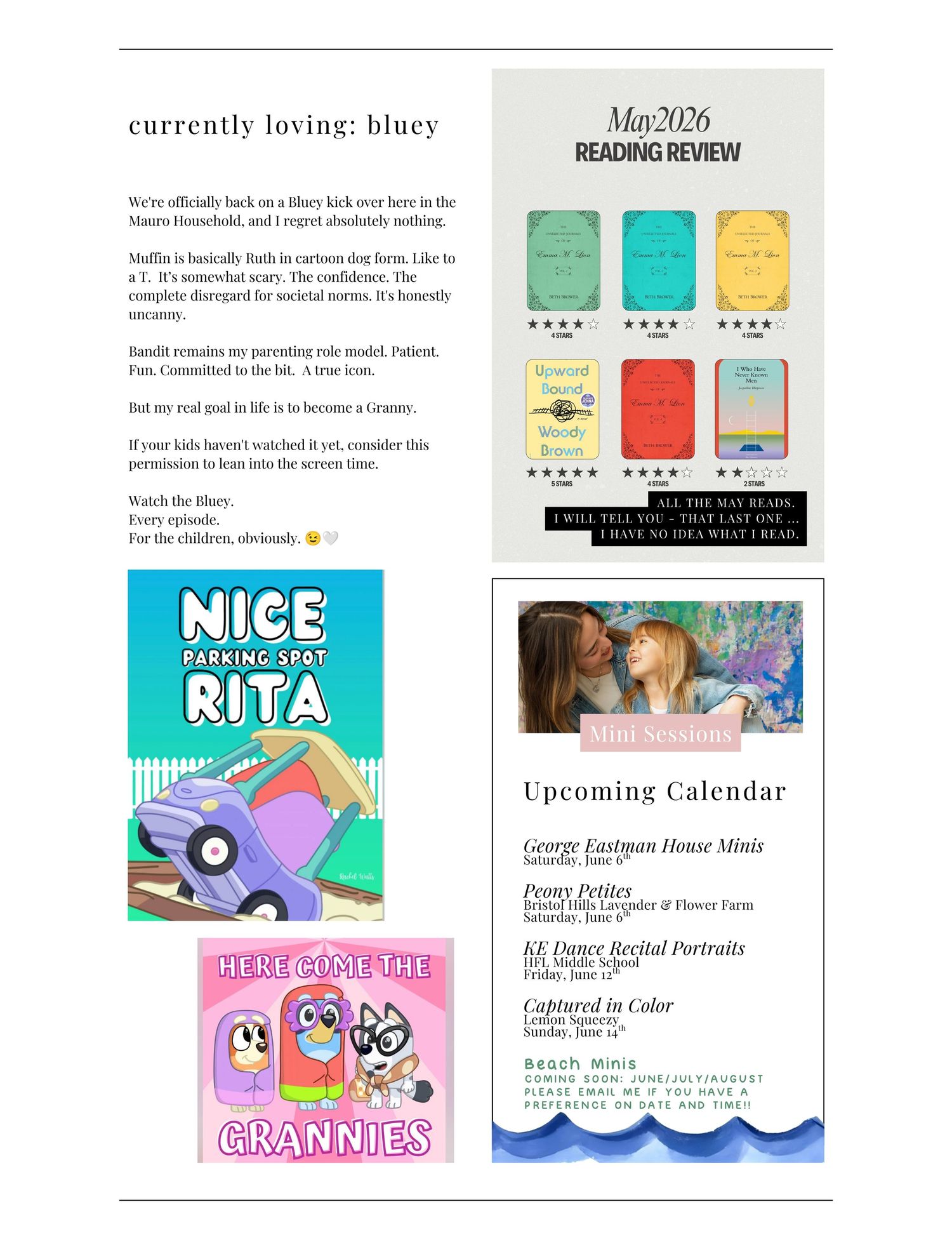 Newsletter page featuring Bluey content, May 2026 reading review, and upcoming photography calendar events.