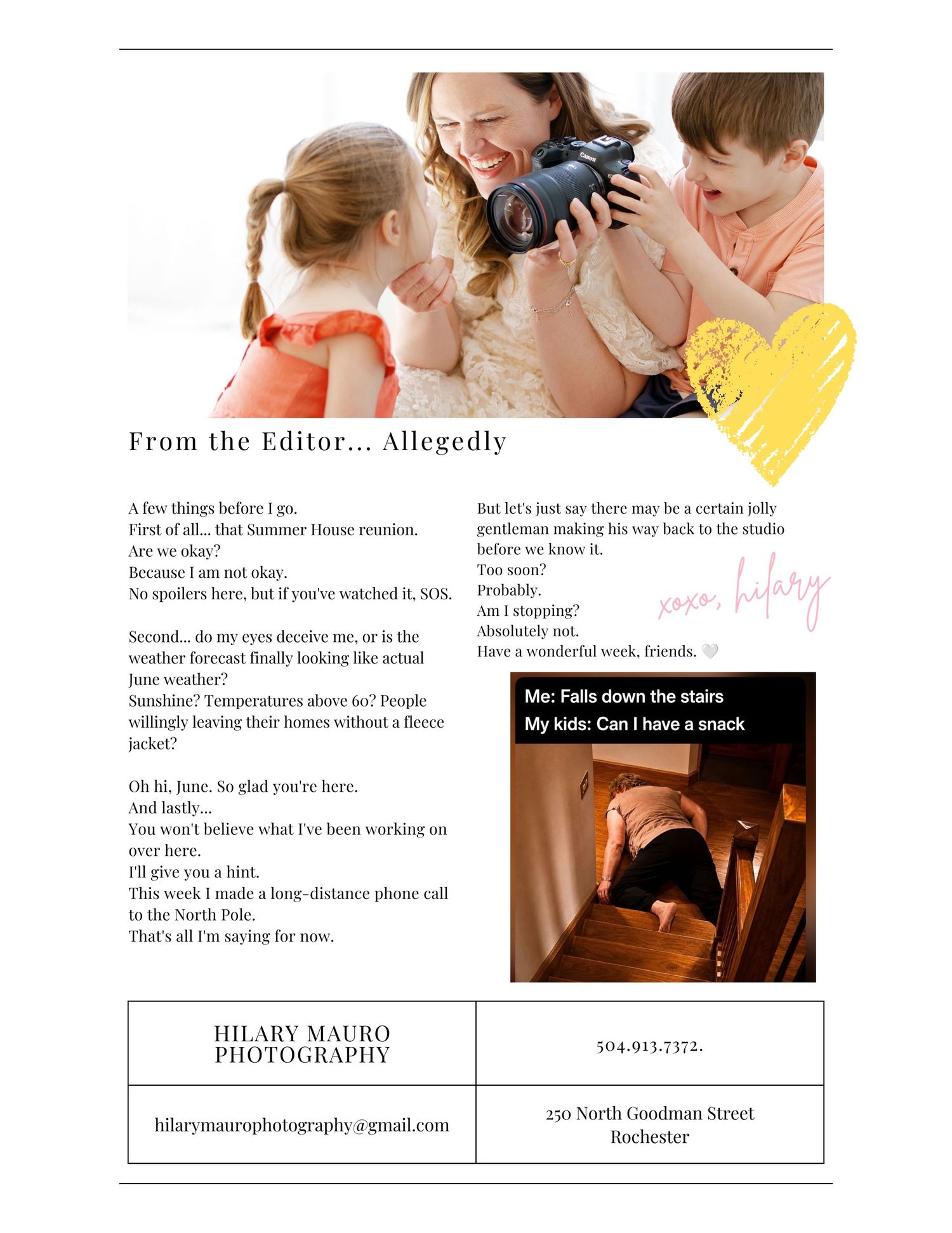 Hilary Mauro Photography editor letter with a woman holding a camera and studio contact information.