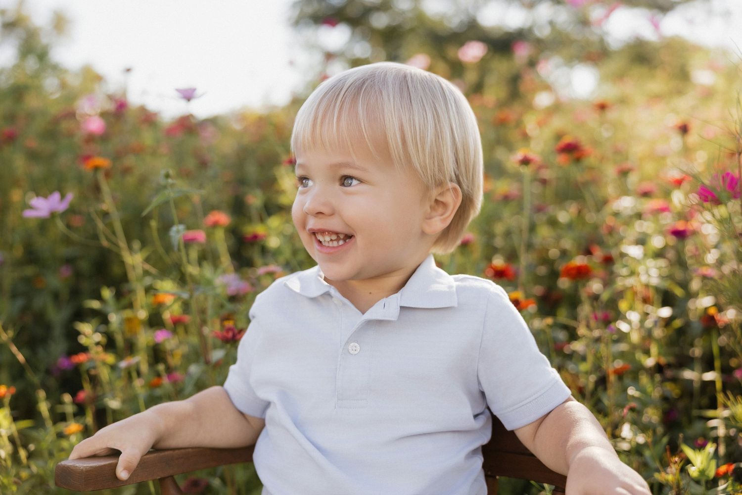 Smiling toddler boy with blonde hair sitting outdoors in a vibrant wildflower garden wearing a white polo shirt.