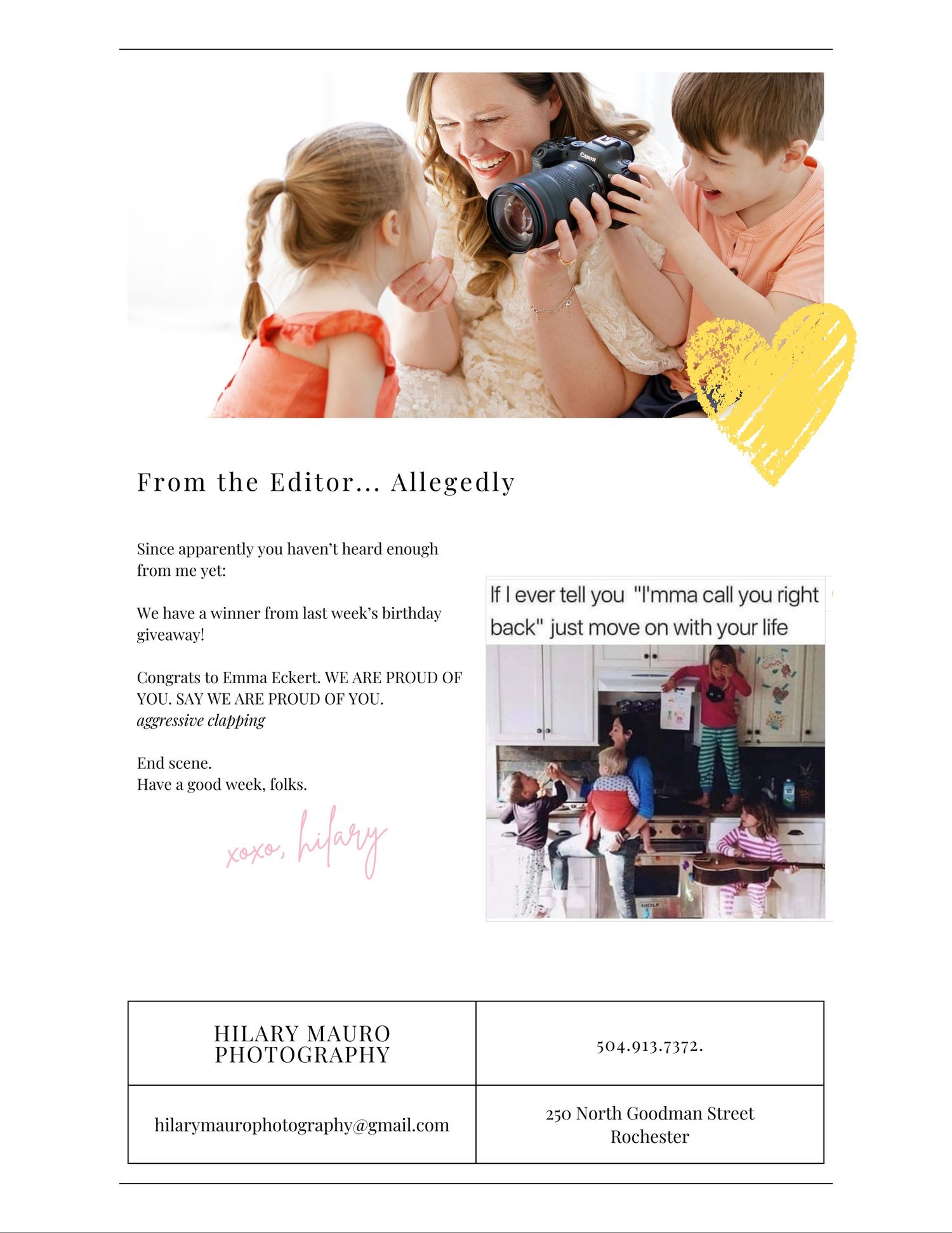 A photography studio editor's note featuring Hilary Mauro with a camera and family lifestyle portraits.