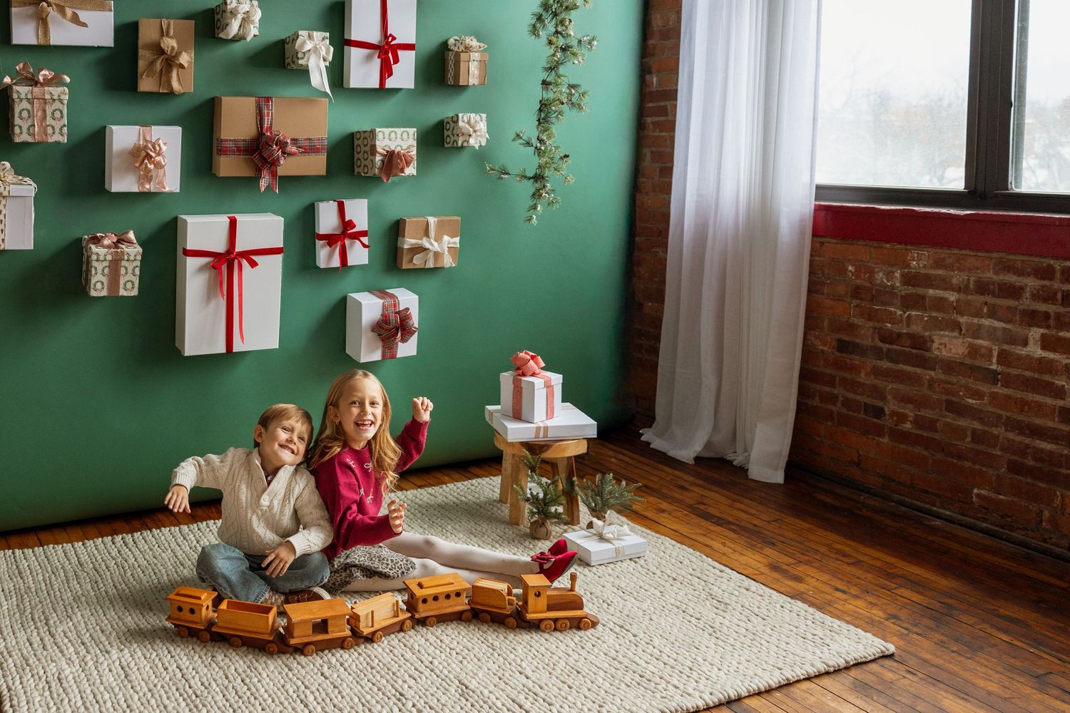 Two children sitting on rug playing with wooden train near green wall with gifts.