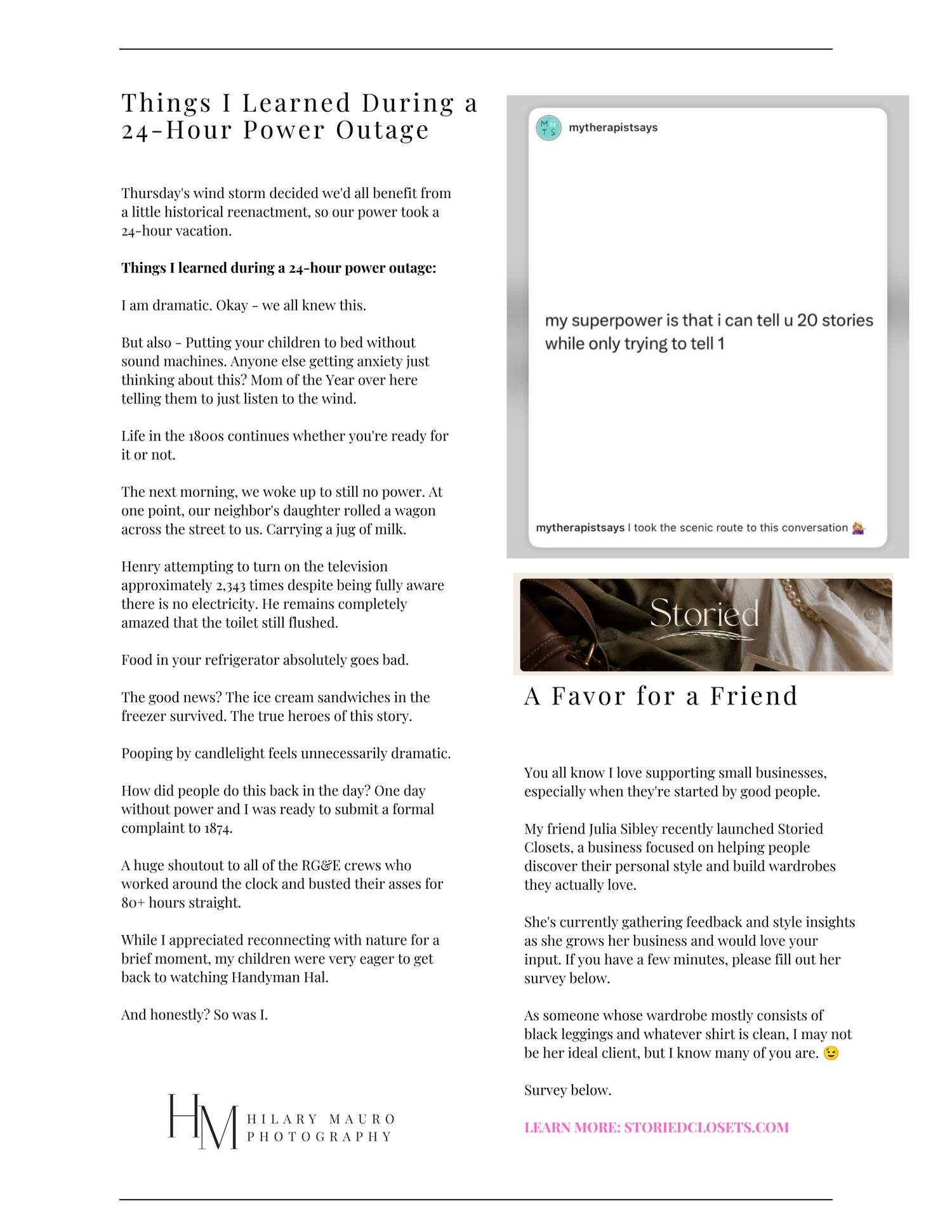 A newsletter layout featuring a power outage article, social media post, and small business promotional section with text and images.