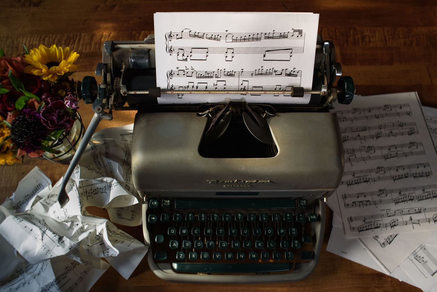 Still life: sheet music and a typewriter.  Tracey Richvalsky, Rhythm In Light Photography
