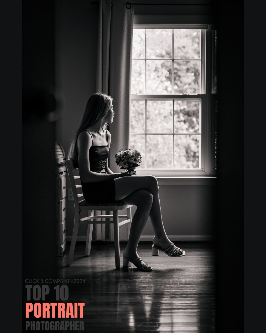 Portrait study by a window in black & white. Top Ten winner: Portrait, Best Photographer contest 2024. Tracey Richvalsky
