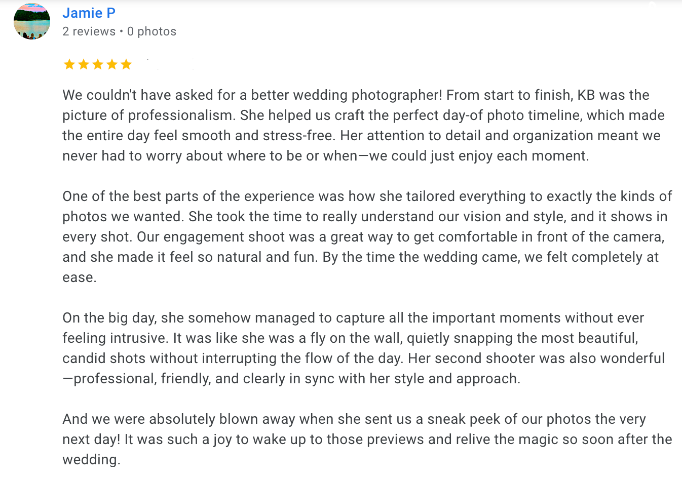 Wedding photography review highlighting professionalism and attention to detail.