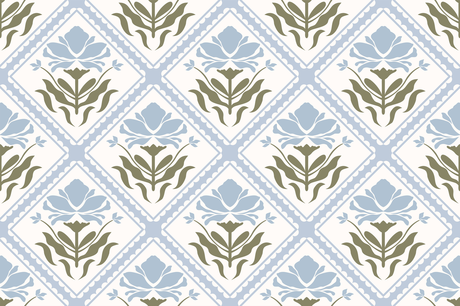 Blue and green floral diamond pattern on white background, elegant repeating botanical motif for fabric or wallpaper.