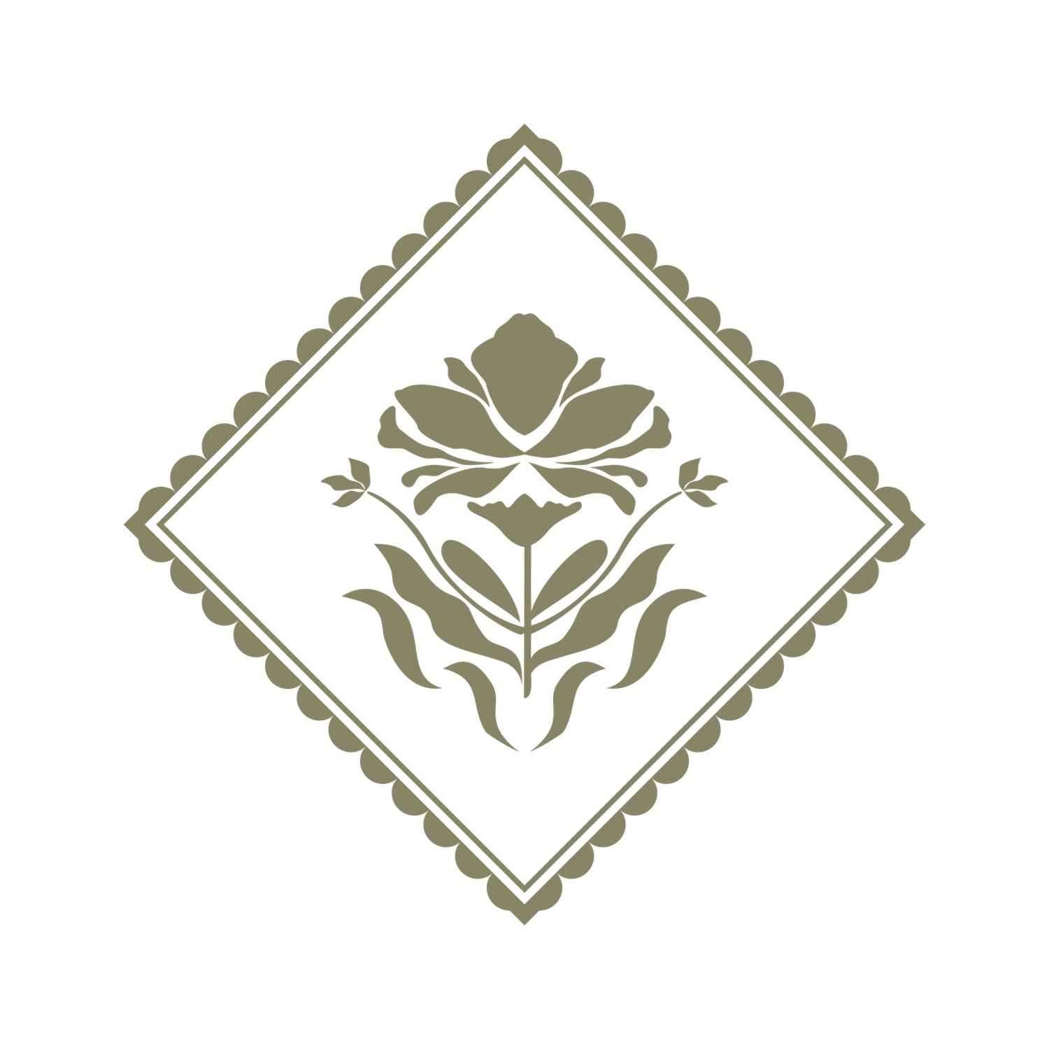 Elegant olive green floral motif in a diamond-shaped scalloped border, featuring a stylized flower design.