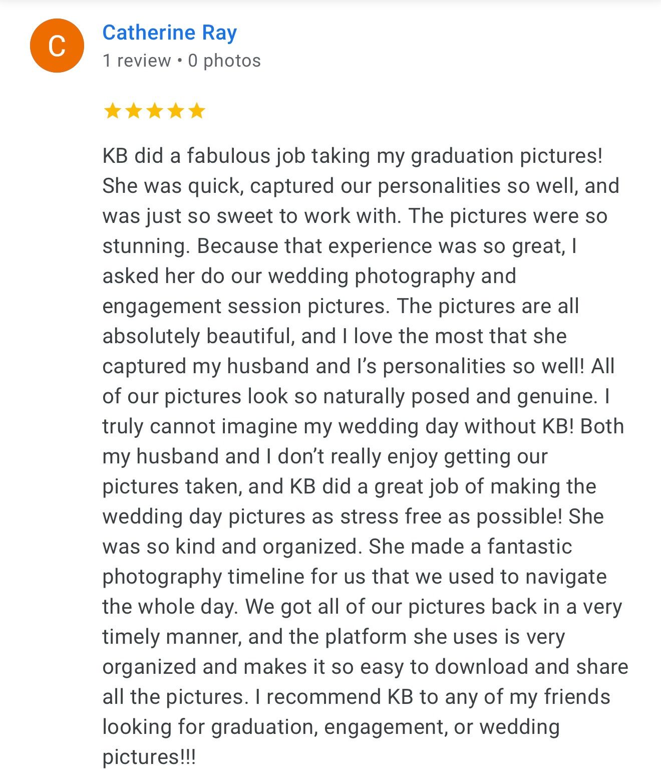 Five-star review praising graduation and wedding photography services.