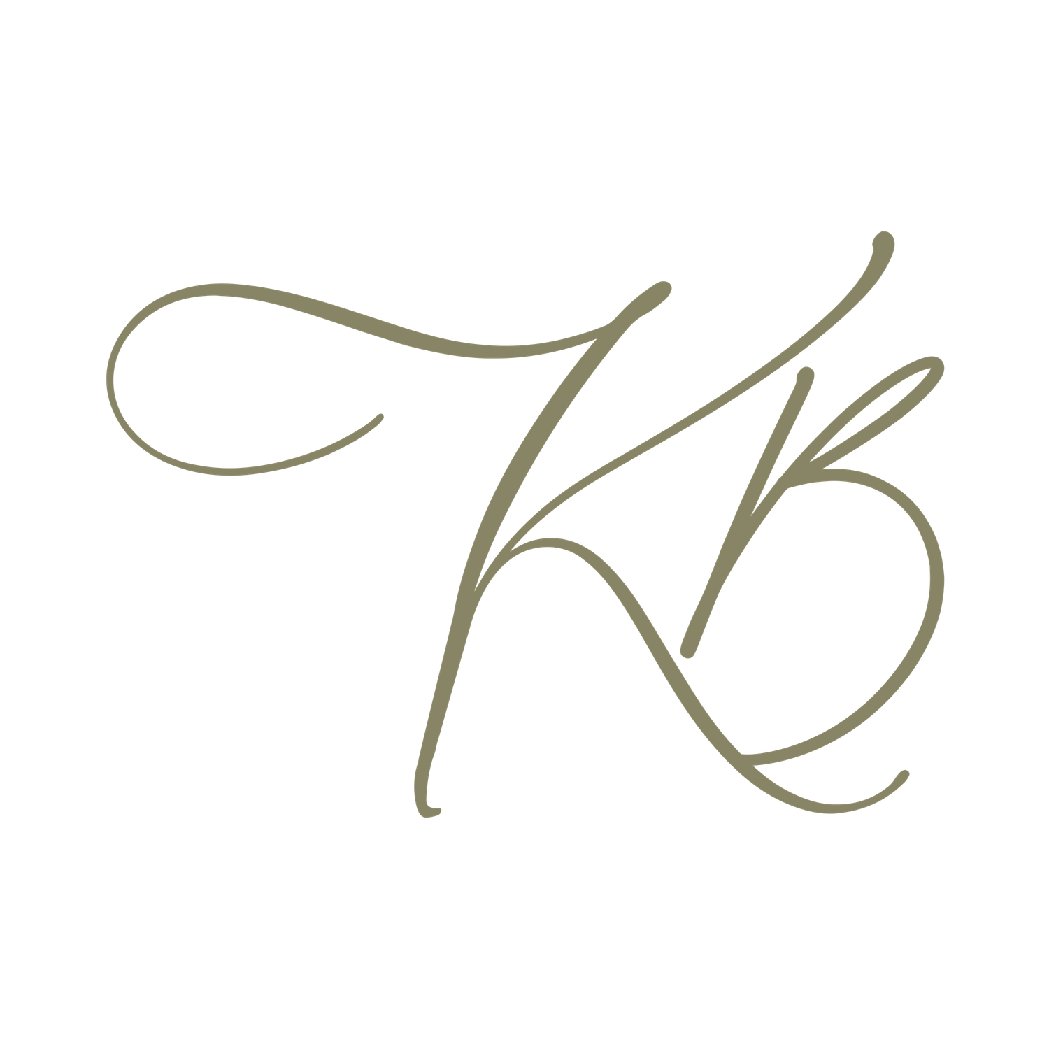 Elegant cursive monogram logo featuring intertwined KB initials in muted olive green on white background.