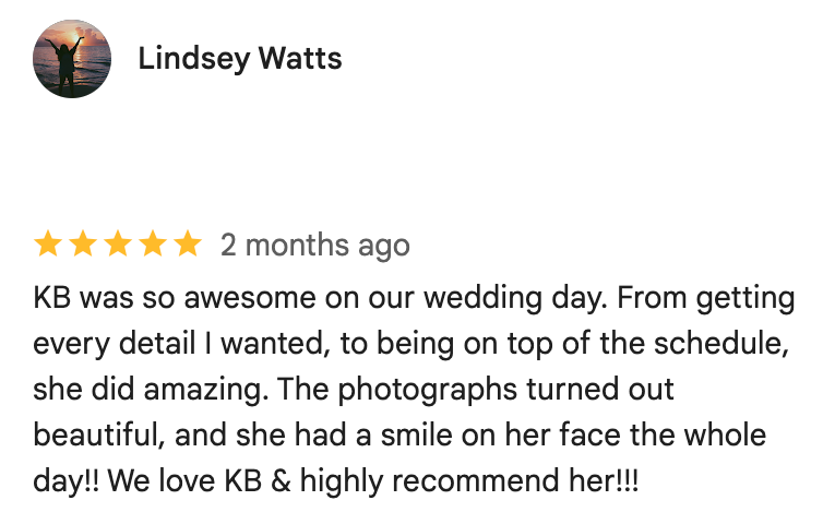 Five-star Google review from Lindsey Watts praising wedding photographer KB for detail, scheduling, and beautiful photos.