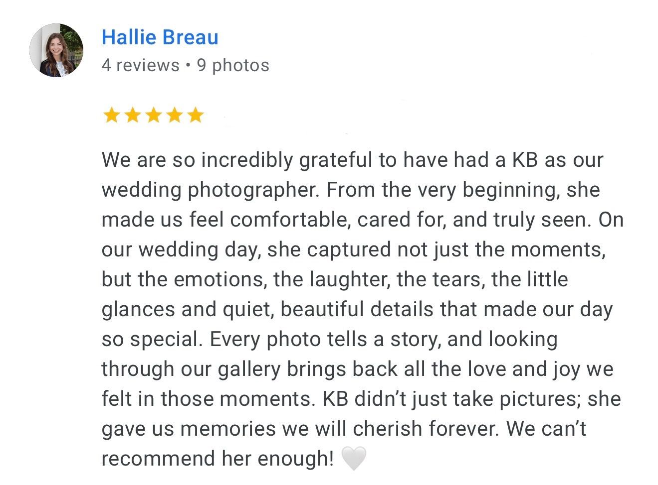 Customer review testimonial praising wedding photography services.