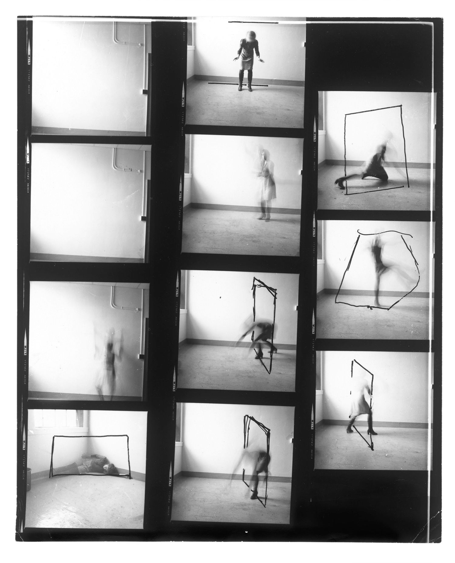 Black and white contact sheet showing a sequence of silhouetted figures in motion against a stark white background.