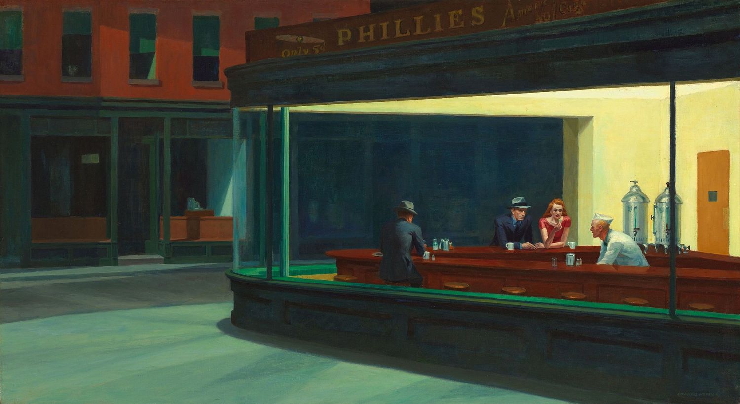Edward Hopper's iconic 'Nighthawks' painting depicts a late-night diner scene with illuminated windows on a dark city corner.