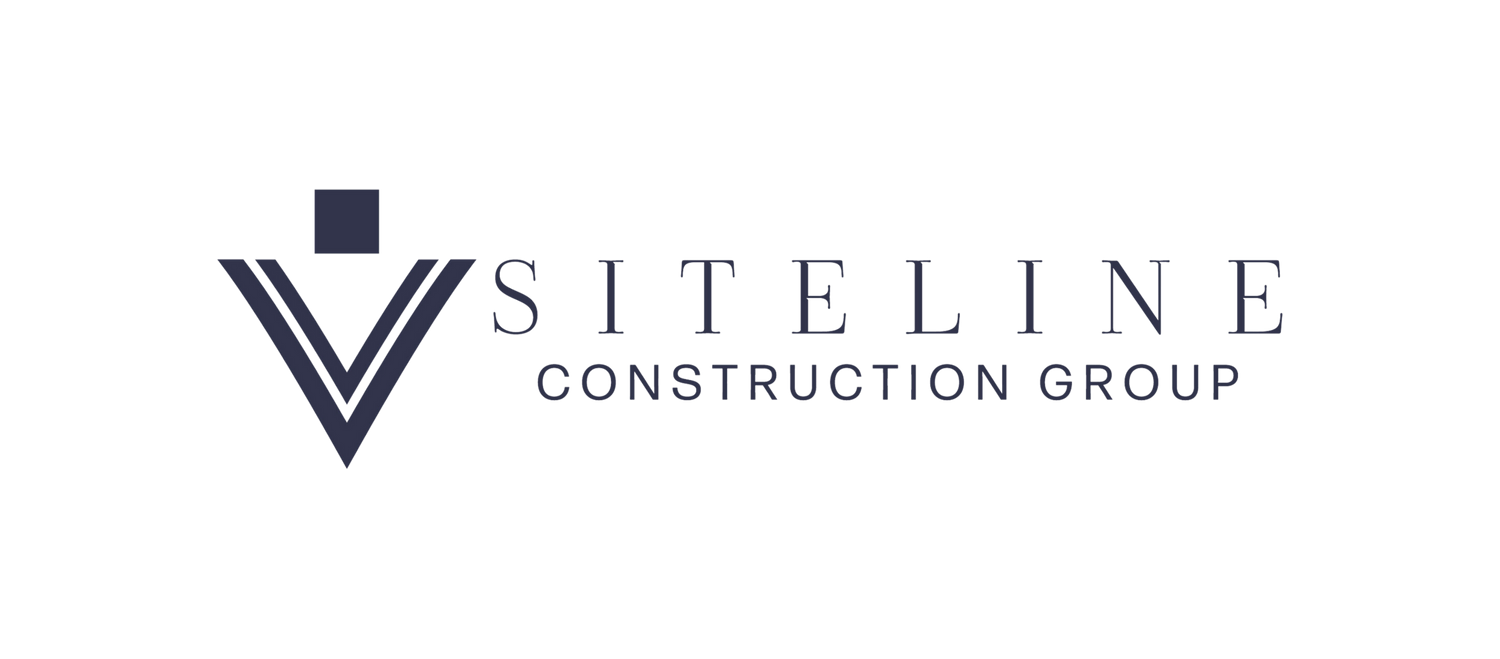 Dark navy logo for Siteline Construction Group with downward pointing triangular design element and text.