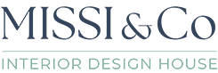 Missi & Co Interior Design House logo featuring elegant serif and script typography in navy blue and teal green.
