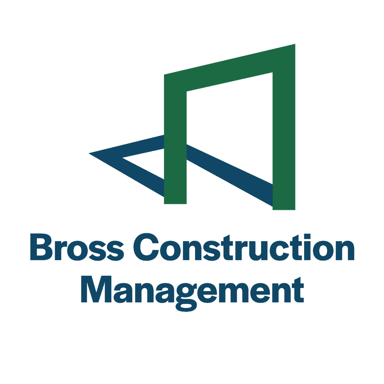 Geometric logo design for Bross Construction Management featuring green and blue angular shapes forming a doorway.