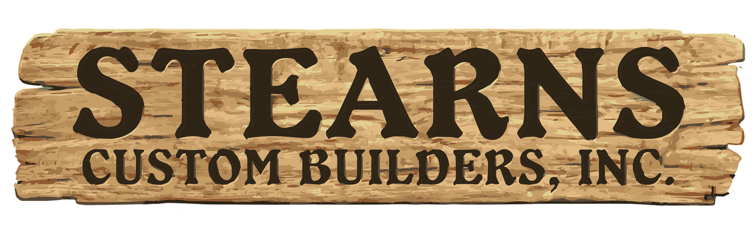 Rustic wooden sign for Stearns Custom Builders Inc featuring distressed text on weathered wood plank.