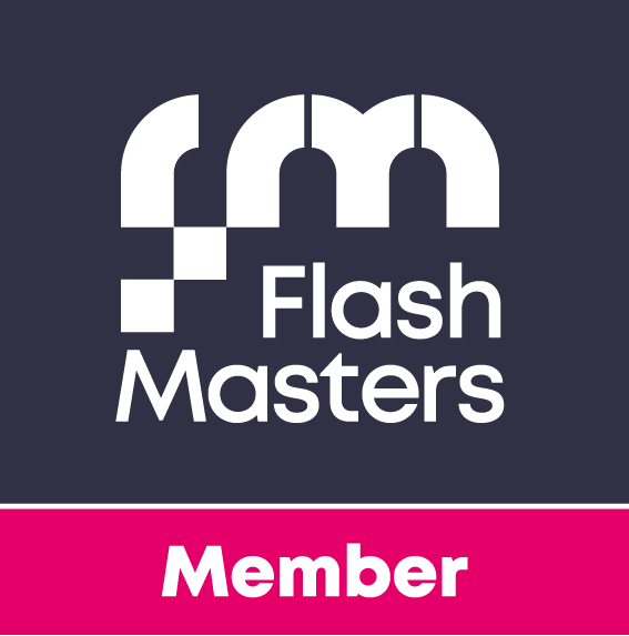 Flash Masters member logo design in white text on dark blue background.