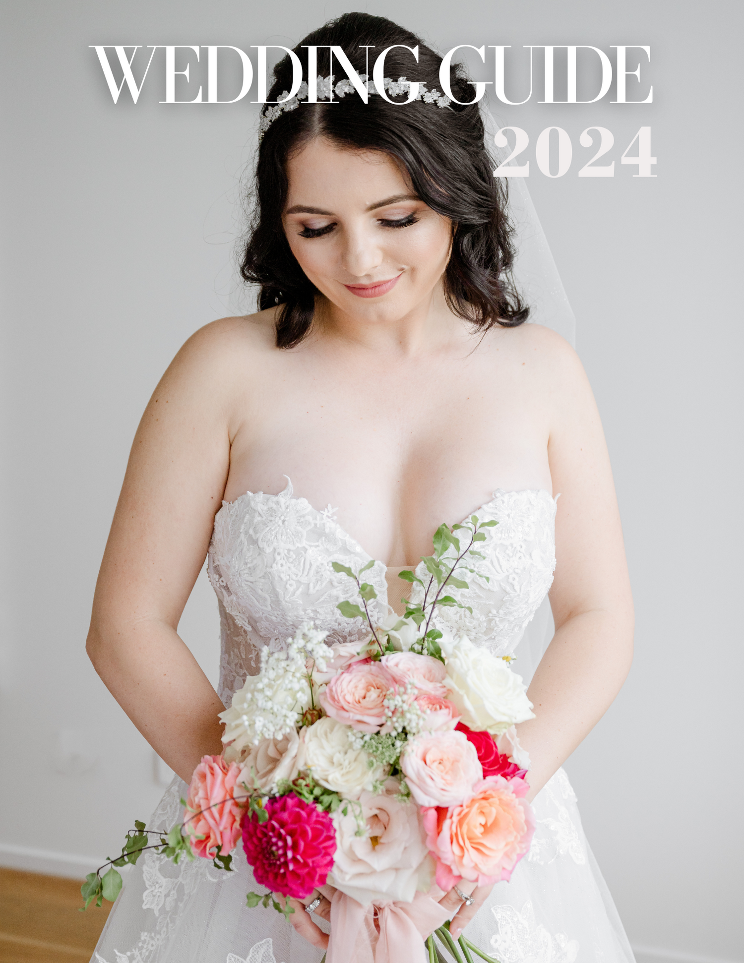 Wedding guide cover featuring a bridal bouquet with pink and white flowers.