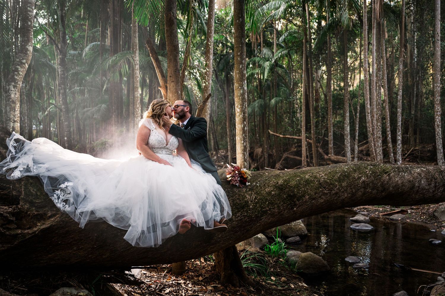 Romantic wedding photo on a fallen tree trunk in a misty eucalyptus forest.