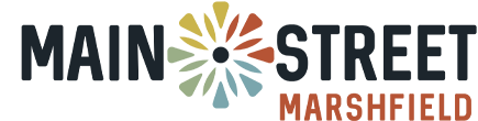 Main Street Marshfield logo with colorful pinwheel-style flower design.