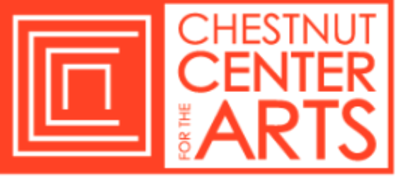 Red and white logo for Chestnut Center for the Arts with geometric squares.