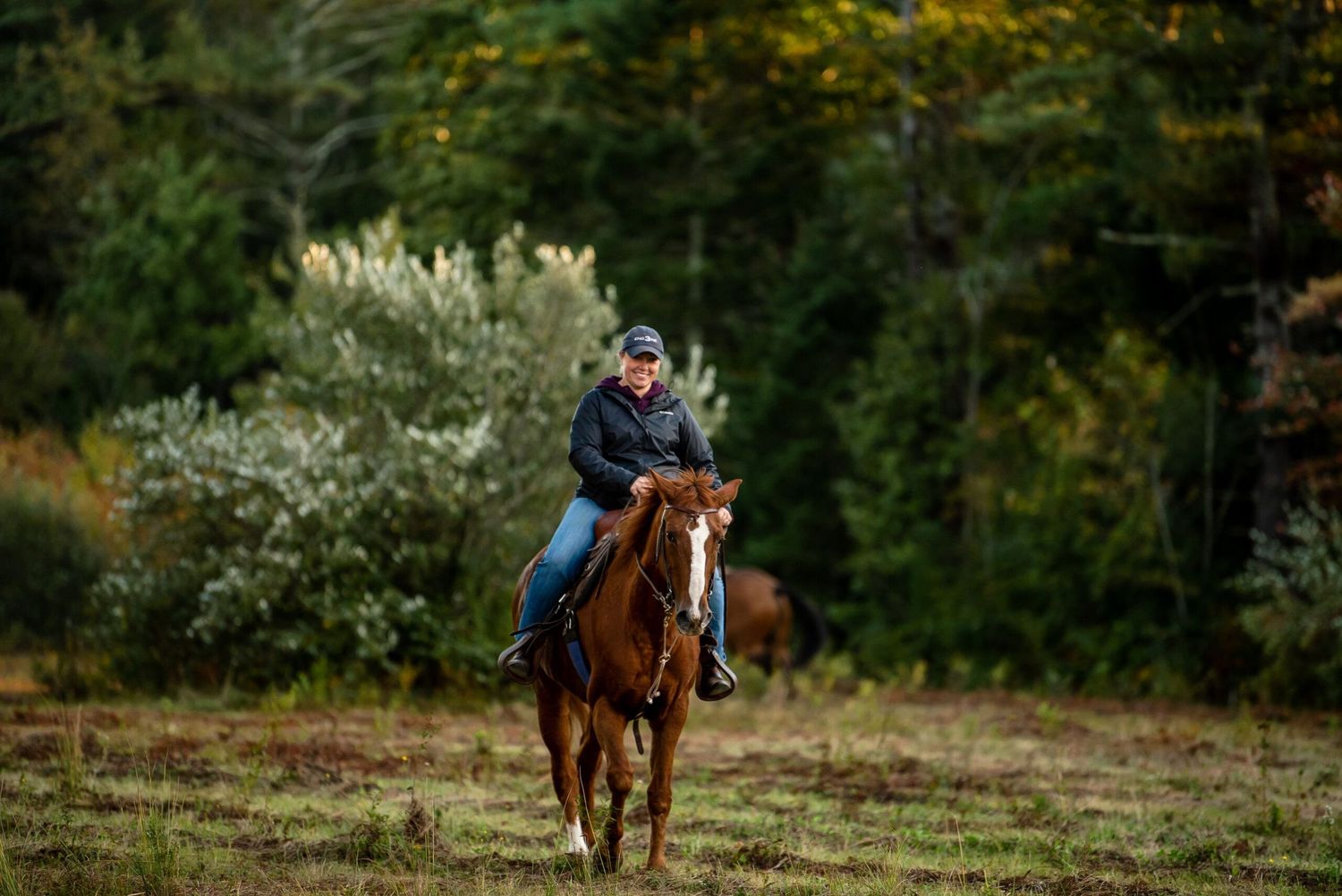 A person riding a brown horse through an autumn field with trees and foliage in the background.