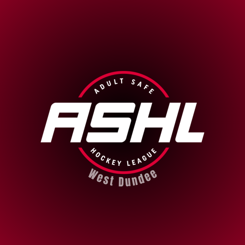 ASHL Adult Safe Hockey League West Dundee logo on dark red background.