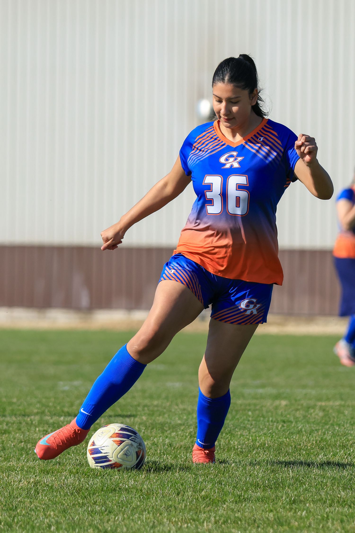 Female soccer player #36 in blue and orange uniform prepares to kick ball during outdoor match.