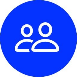 Blue circle icon featuring two white silhouette figures representing a group or team, ideal for social or community use.
