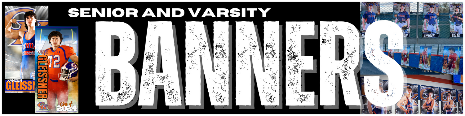 Sports team banner design with text overlays in blue and white.