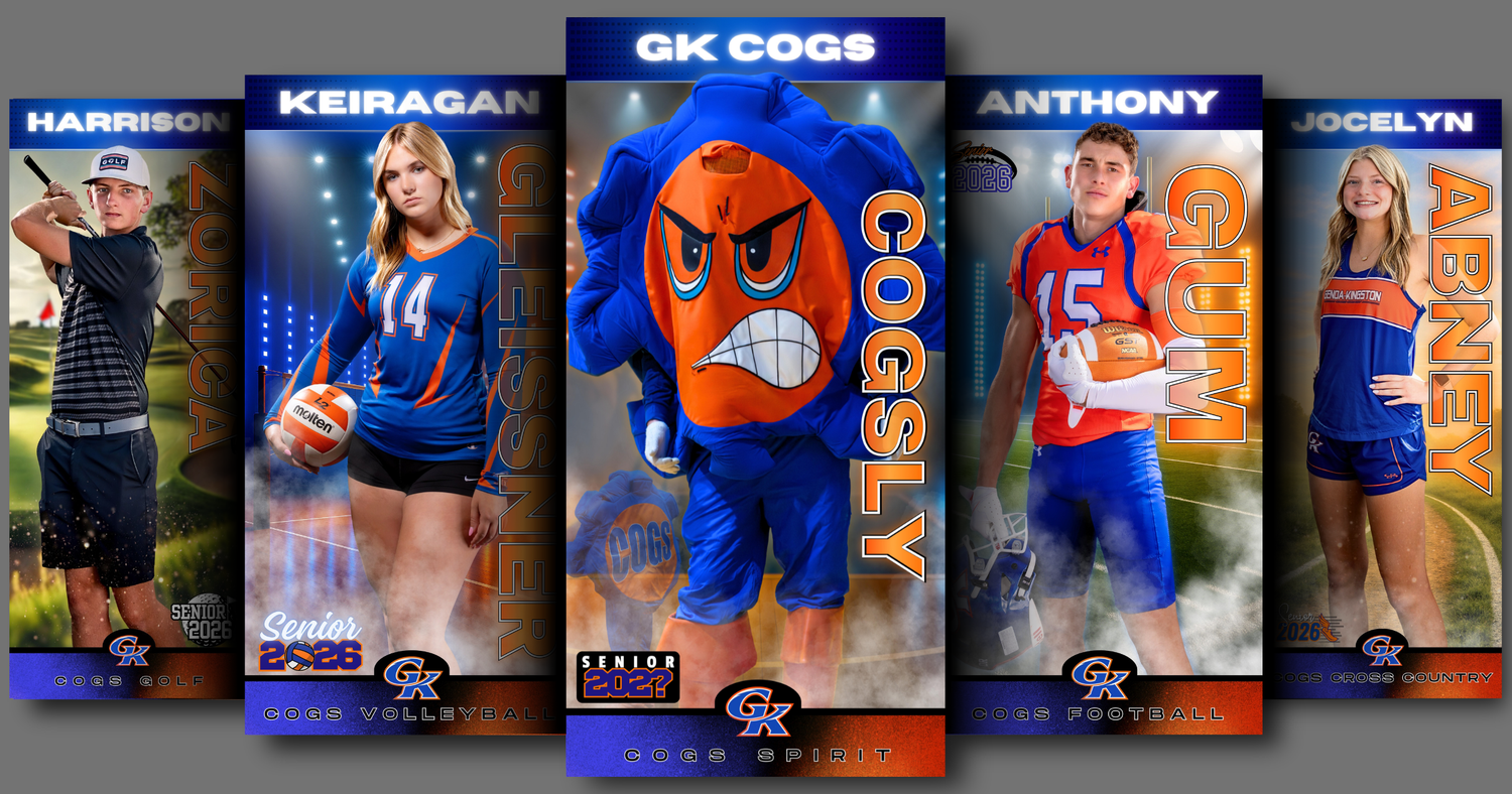 Five sports banner cards featuring athletes Harrison, Keiragan, GK Cogs mascot, Anthony, and Jocelyn in blue and orange uniforms.